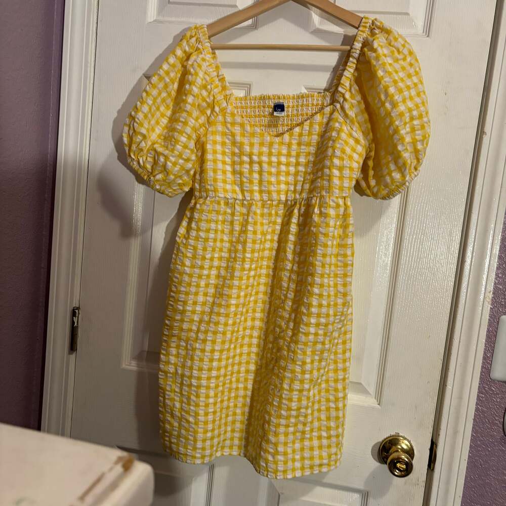 Old Navy Yellow Gingham Puff-Sleeve Fit & Flare All-Day Mini Dress